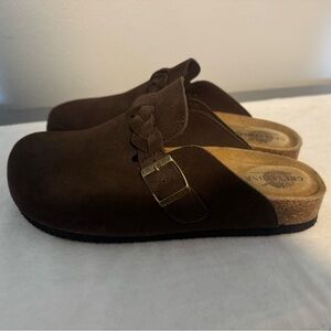 Brown Suede Clogs with Braided Strap